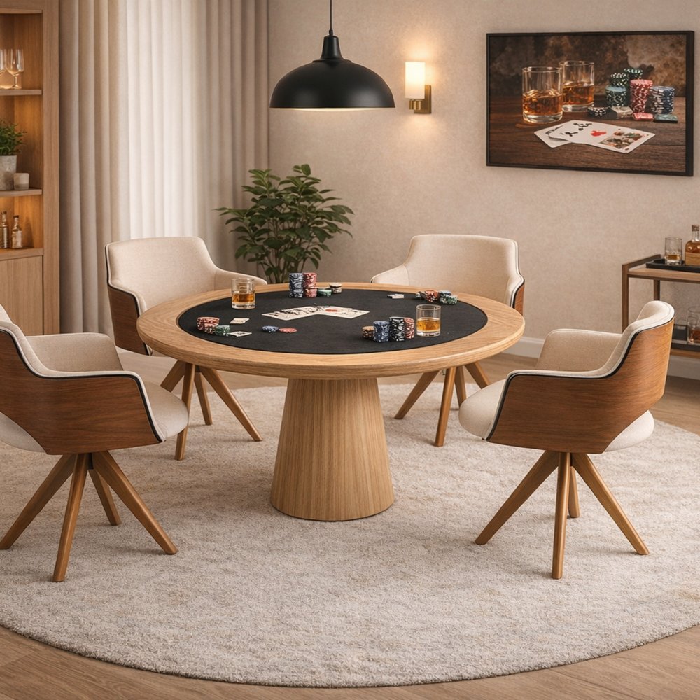Mesa de jogos Mondo em lâmina de cinamomo, com tampo reversível em tecido preto ou verde.