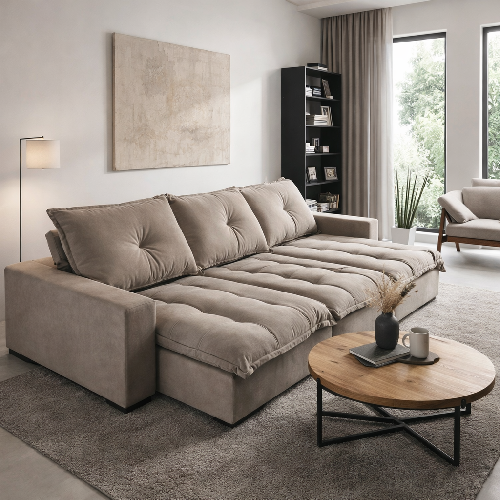 Sofá Lecco 3 assentos retrátil com encosto reclinável e bordado