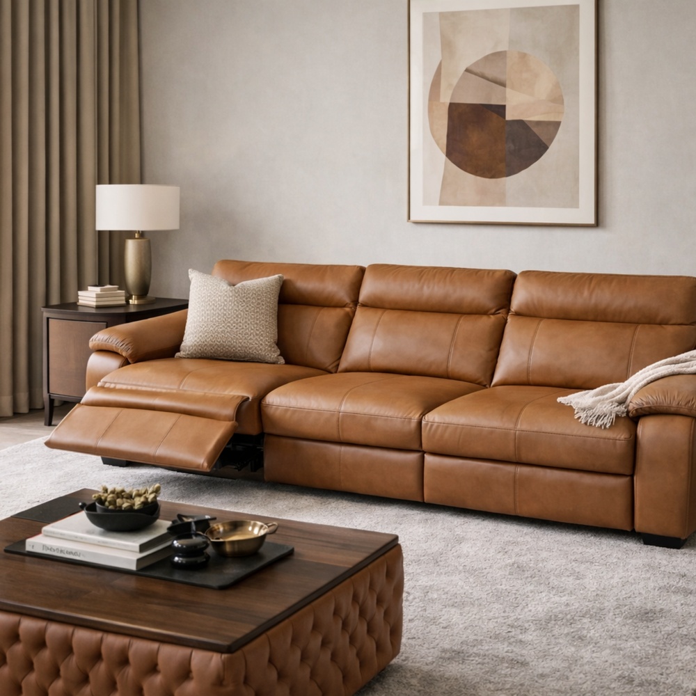 Sofá Open 3 assentos elétrico em couro cor camel sistema touch   