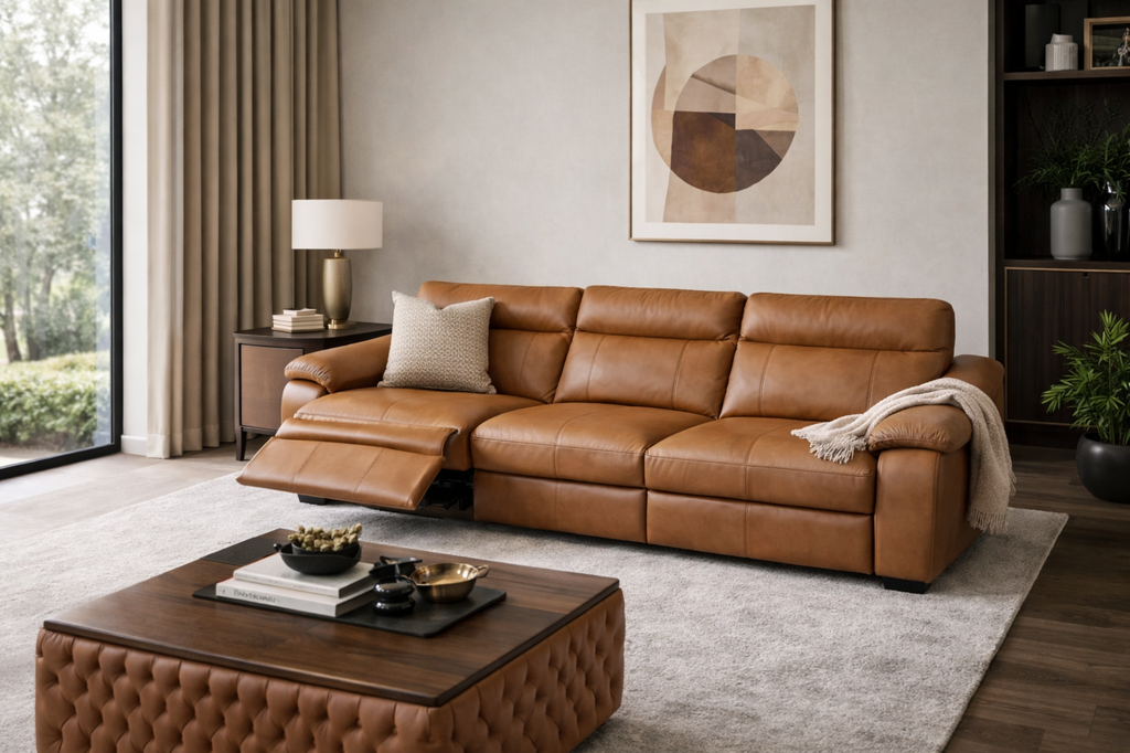 Sof&aacute; Open em couro camel leg&iacute;timo