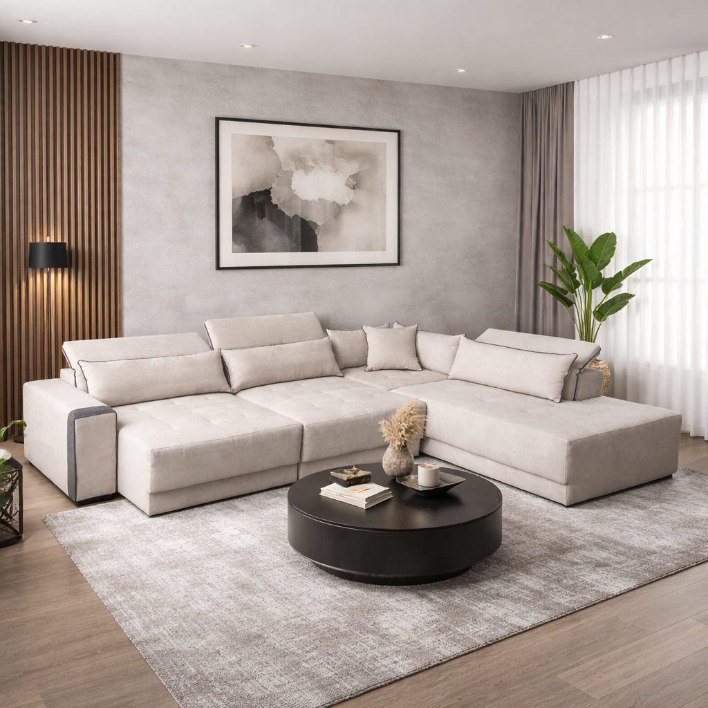 Sof&aacute; Greggio de canto com assento retr&aacute;til e encosto com regulagem acompanha almofadas soltas