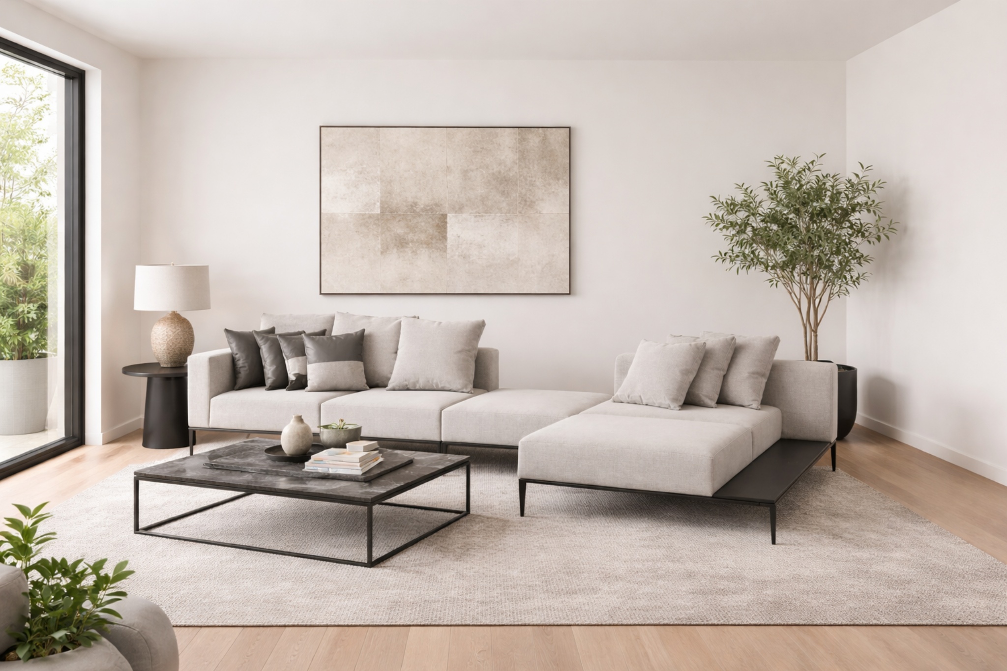 Sofá Urbano com chaise fixa e mesa na lateral almofadas soltas  