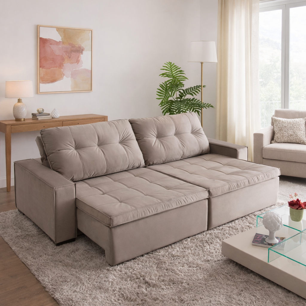 Sof&aacute; &Oacute;pera com assentos em pillow e retr&aacute;teis e encosto reclin&aacute;veis