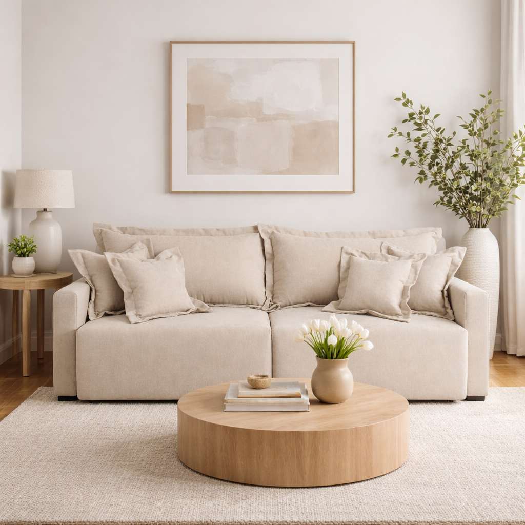 Sofá Versaro assento retrátril e almofadas no encosto solta acompanha almofadas decorativas