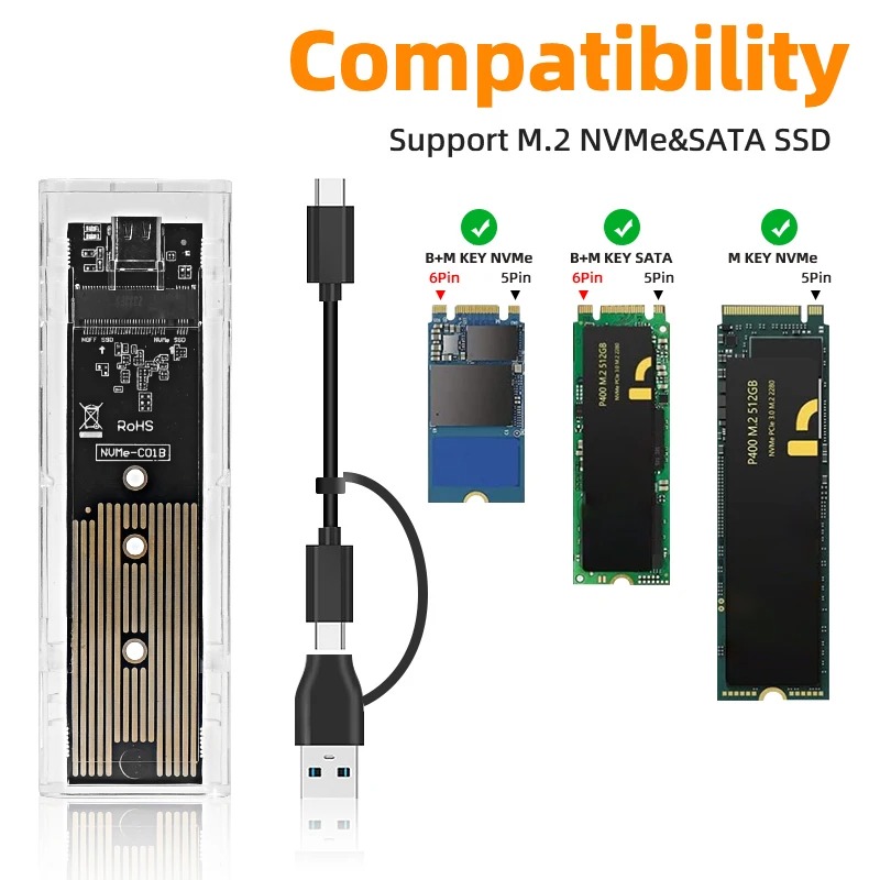 Case Externo para SSD NVMe M.2, USB e USB-C, 10Gbps
