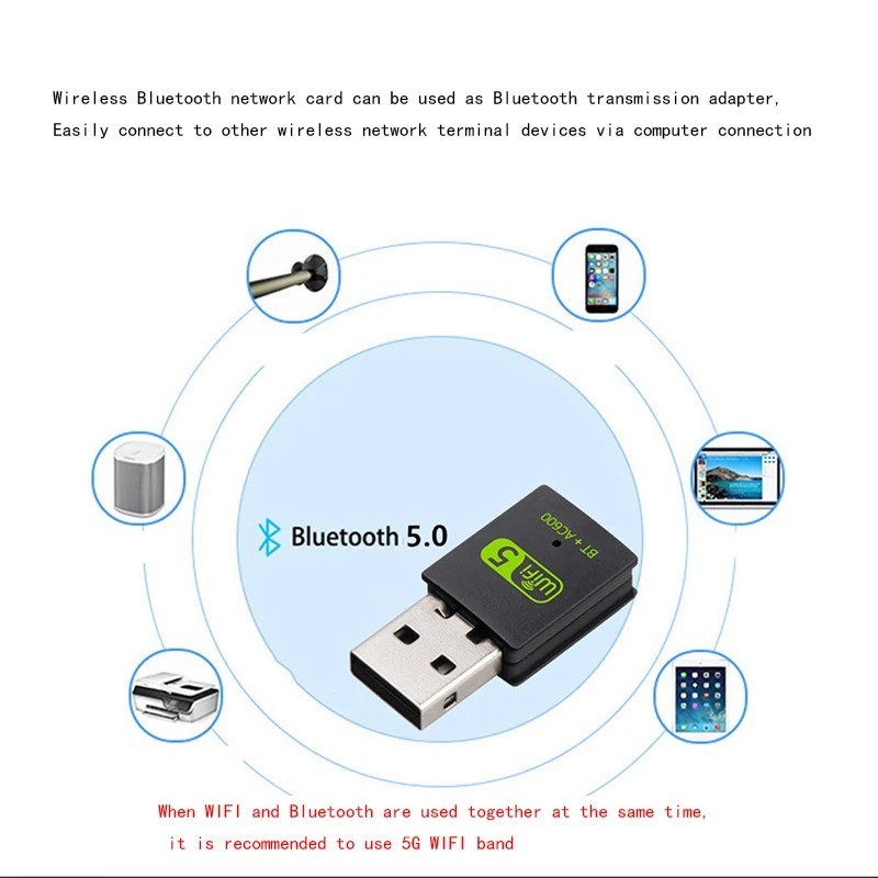 Adaptador USB 2.0, 2 em 1, Wi-fi Dual Band, 2.4G e 5.G, Bluetooth 5.0