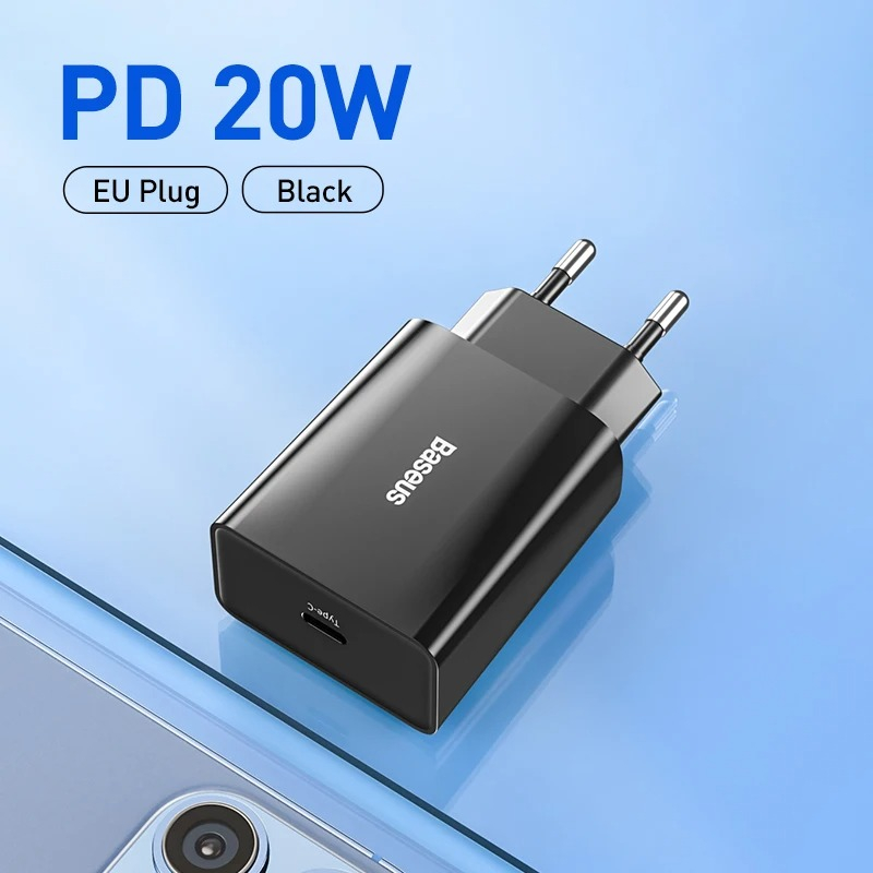 Fonte de Carregamento, Baseus, 20W, Tipo C, Preto.