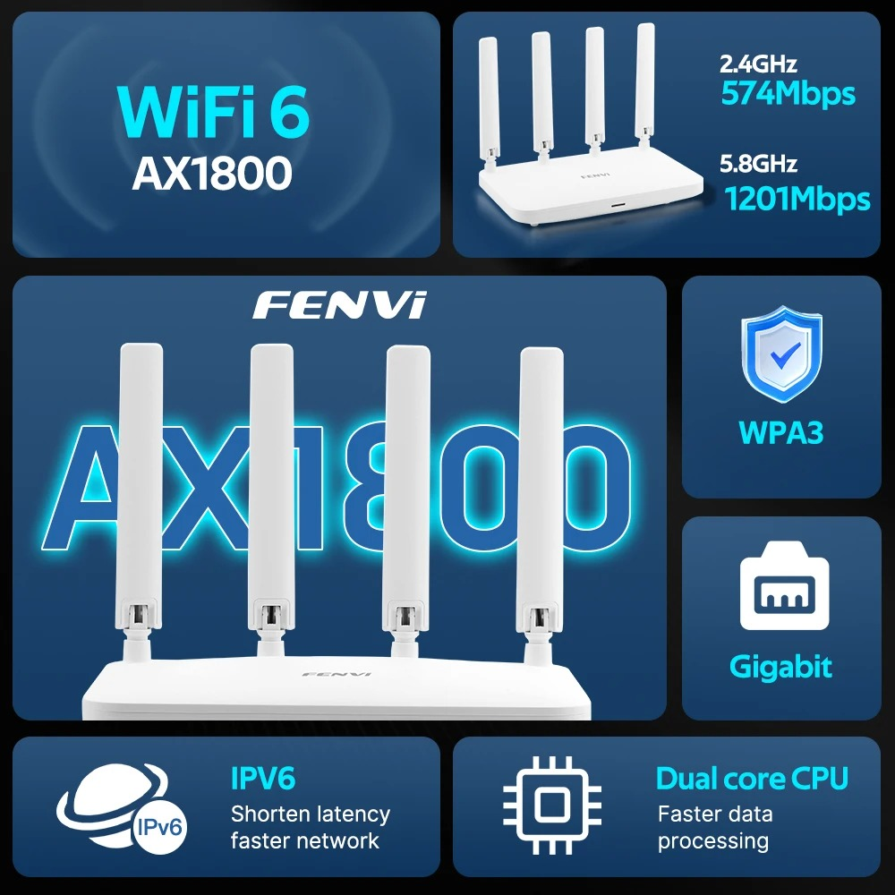 Roteador Fenvi, AX1800, 4 Antenas, Wi-Fi 6, Dual Band, 2.4G e 5Ghz Gigabyte, Com Amplificador Para Sinal