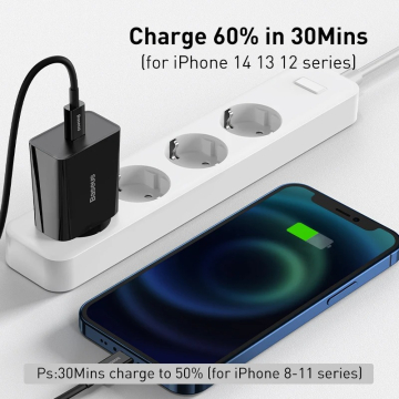 Fonte de Carregamento, Baseus, 20W, Tipo C, Preto.